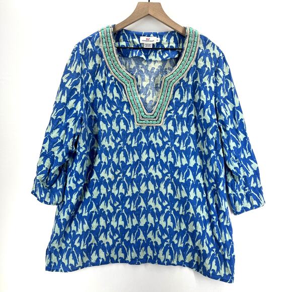 Vineyard Vines Women’s XL Embellished Tunic Linen Blend Parrot Pattern - Picture 1 of 4